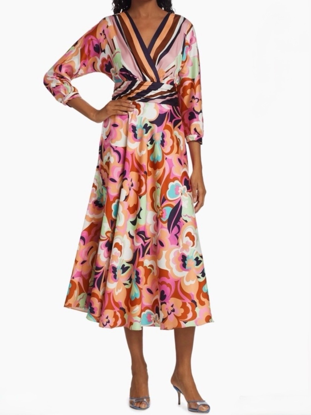 Teri Jon Pink Multi Floral Midi Dress